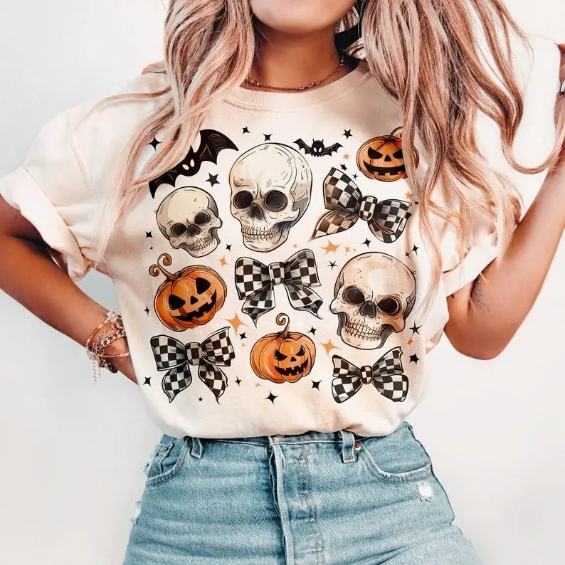 Halloween Skull Bow Shirt, Coquette Bow Halloween Sweatshirt, Halloween Tee, Skeleton Spooky Season T-shirt, Coquette...