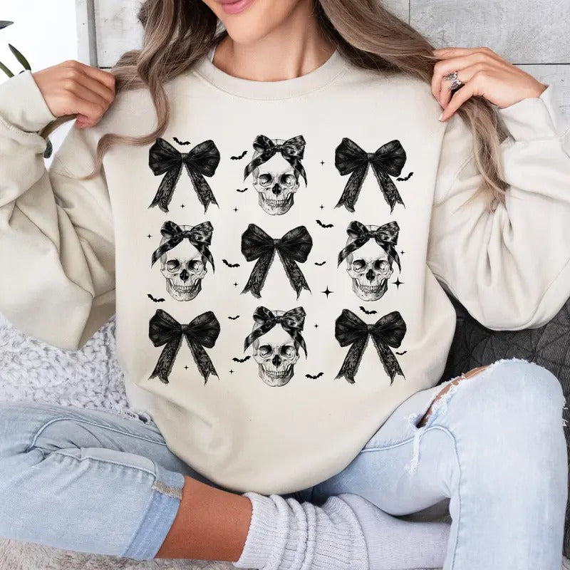 Halloween Skull Sweatshirt, Coquette Bow Halloween Sweatshirt, Halloween Shirt, Spooky Season Shirt Hoodie | WearSparks.com