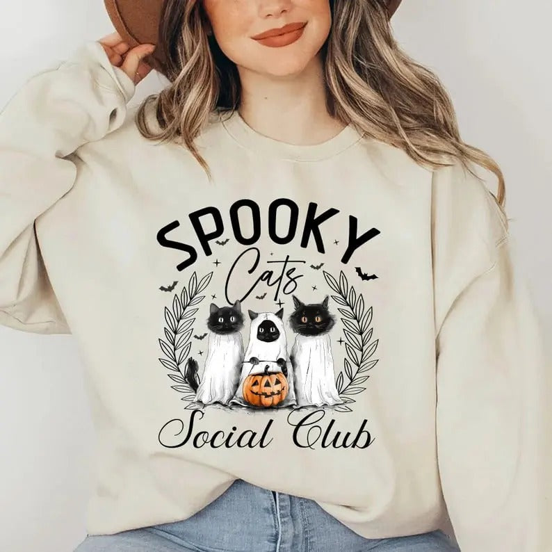 Halloween Spooky Cats Sweatshirt, Cat Ghost Shirts, Black Cat Social Club Sweatshirt, Black Cat Gifts, Black Cat Mom,...
