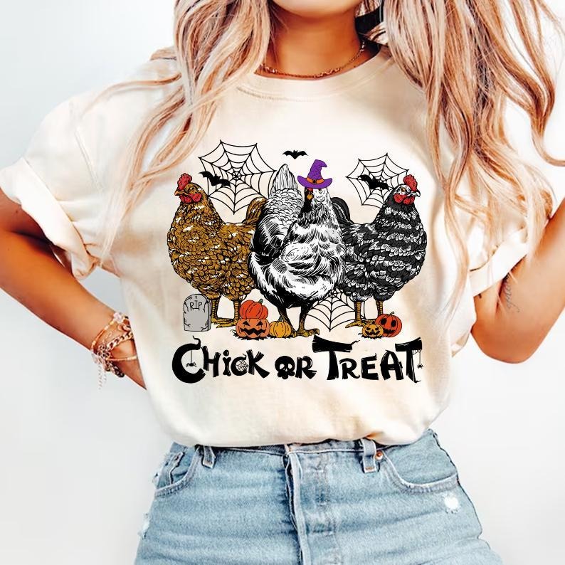 Halloween Spooky Chicken Shirt, Autumn, Chick or Treat, Pumpkin Chicken Sweatshirt, Trick or Treat Unisex Cotton Crewneck...