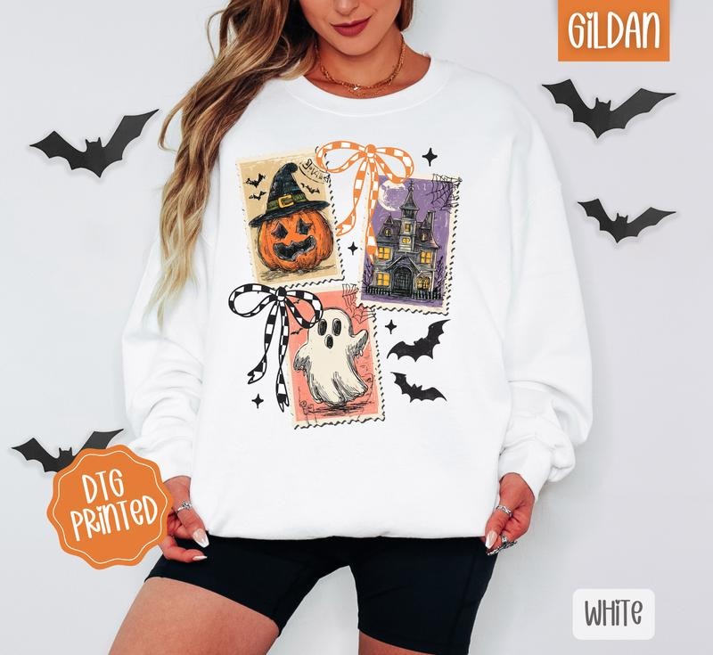 Halloween Stamps Sweatshirt, Trendy Women's Spooky Crewneck T-Shirts, Hoodie | WearSparks.com
