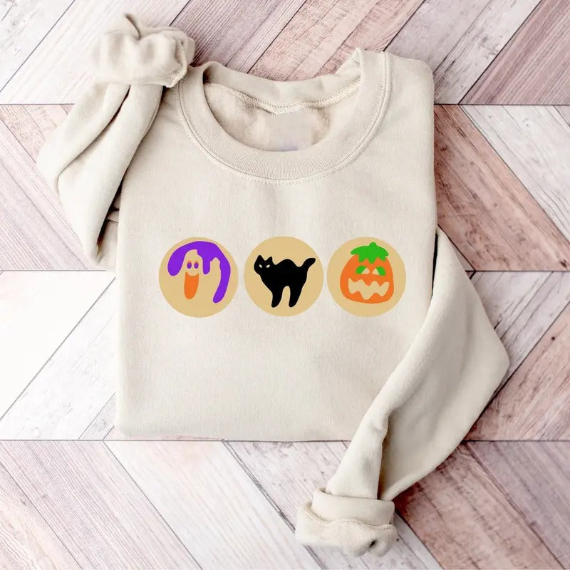 Halloween Sugar Cookie Sweatshirt, Cute Halloween Cookies Shirt, Spooky Season Cat Pumpkin Boo Ghost Crewneck, Halloween...