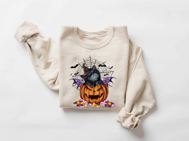 Halloween Sweatshirt, Halloween Sweater, Cat on Pumpkin Sweatshirt, Black Cat Sweatshirt, Halloween Crewneck, Black Cat...