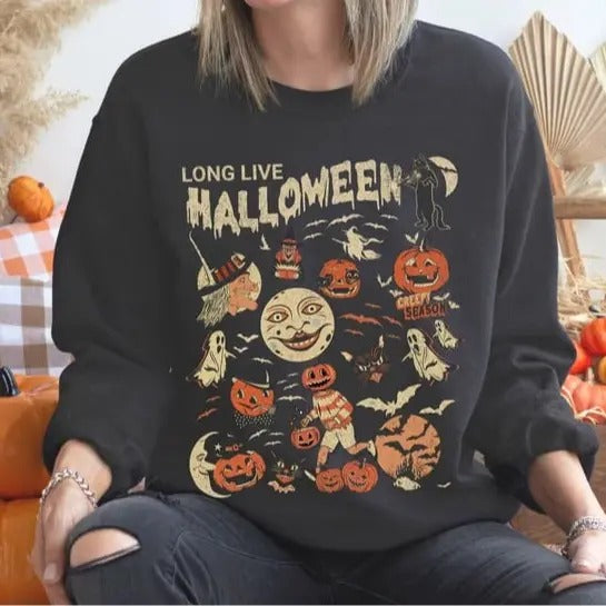Halloween Sweatshirt, Long Live Halloween Shirt, Vintage Halloween Shirt, Black Cat Shirt, Retro Halloween, Spooky...