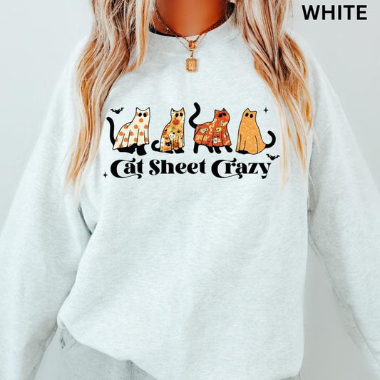 Halloween Sweatshirt, Womens Halloween Cat Sweatshirt, Cat Sheet Crazy Crewneck, Cats Sweatshirt, Oversized Halloween...