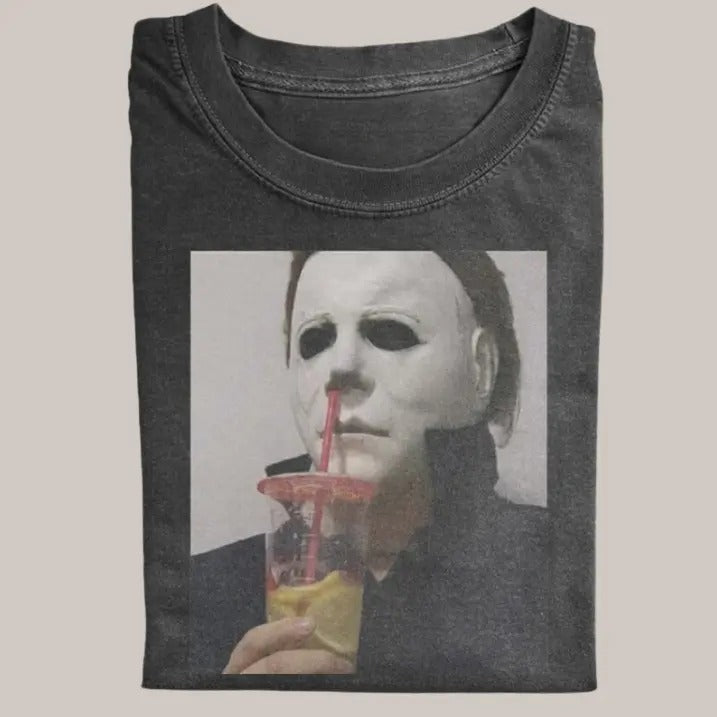 Halloween Vintage Tees, Michael Myers Drink Juice T-shirt, Horror Movie Shirt, Unisex Funny Halloween Shirt Menswear...