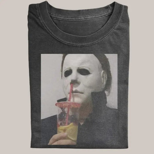 Halloween Vintage Tees, Michael Myers Drink Juice T-shirt, Horror Movie Shirt, Unisex Funny Halloween Shirt Menswear...
