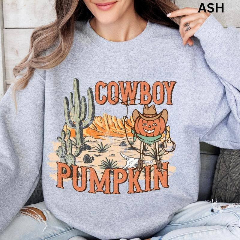 Halloween Western Graphic Crewneck Unisex, Cowboy Pumpkin Sweatshirt, Oversized Halloween Graphic Crewneck, Cotton...