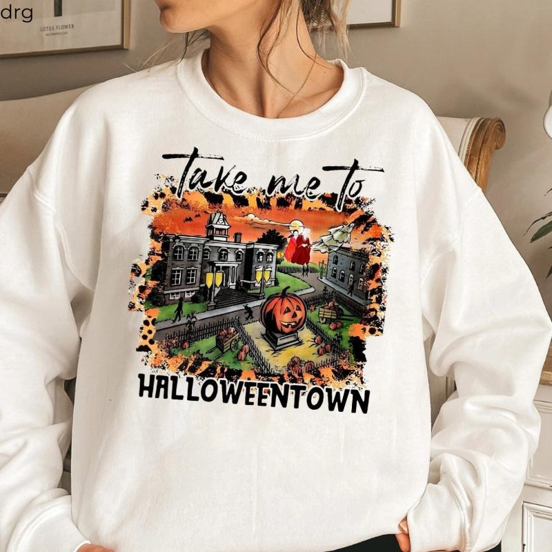 Halloweent0wn Scene Halloween Sweatshirt, Cozy Spooky Town Pullover, Pumpkin Patch Graphic Hoodie, Fall Movie Night...