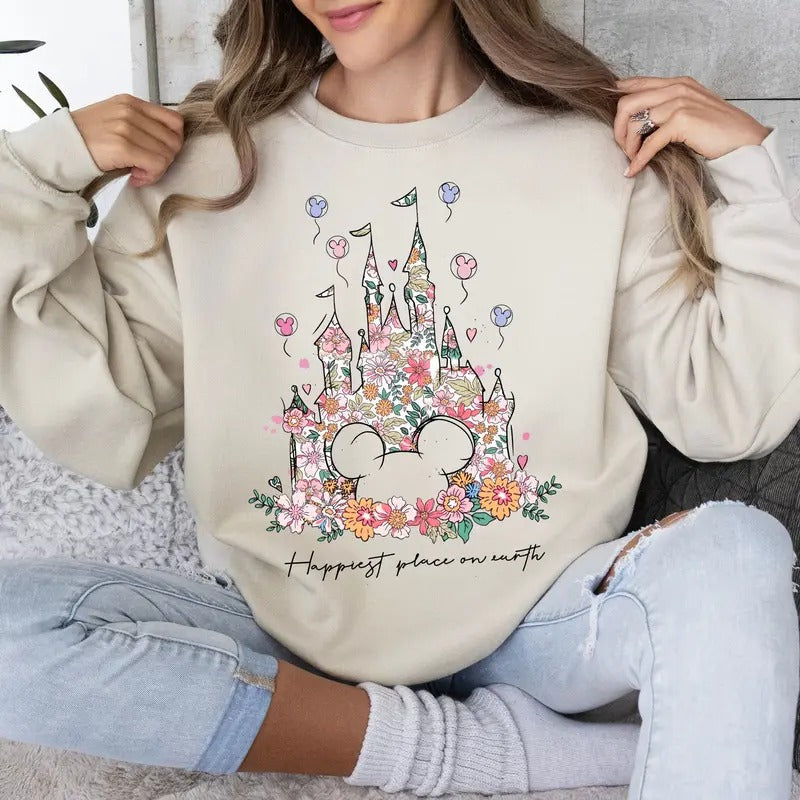 Happiest Place on Earth Sweatshirt, Castle Floral Shirt, Whimsical Castle Shirt, Floral Kingdom Sweatshirt Hoodie
