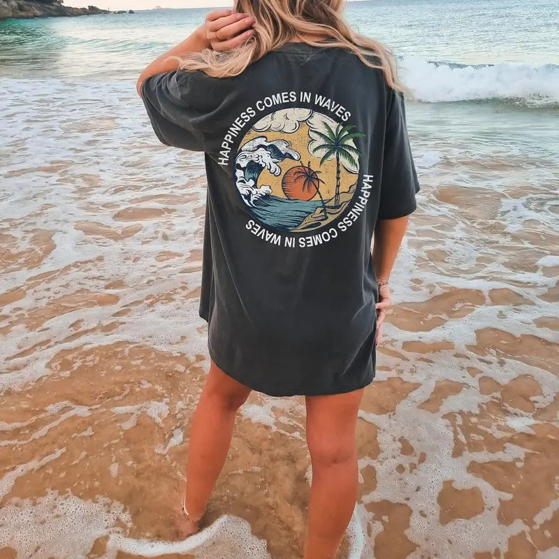 Happiness Comes in Waves Tee, Summer Graphic Tee, BeachT-shirt, Boho Tee, Vintage Inspired Cotton T-shirt, Unisex Tee,...
