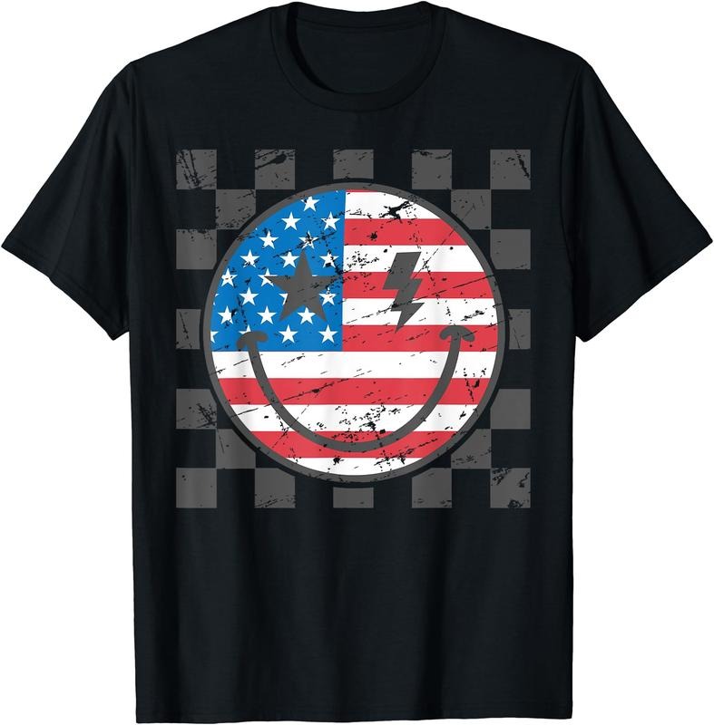 Happy 4th Of July Groovy Smile Face Red White Blue USA Flag T-Shirt | Unisex Cotton Tee Gift, Crewneck, Short Sleeve...