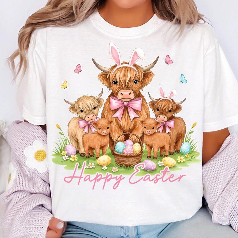 Happy Easter Day Highland Cow T-Shirt, Retro Easter T-Shirt, Easter Day T-Shirt, Easter Bunny T-Shirt, Cute Cow T-Shirt,...
