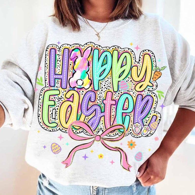 Happy Easter Sweatshirt Brushstroke Bunny Coquette Bow Retro Easter Preppy Dalmatian Dots T-Shirts, Hoodie | WearSparks.com