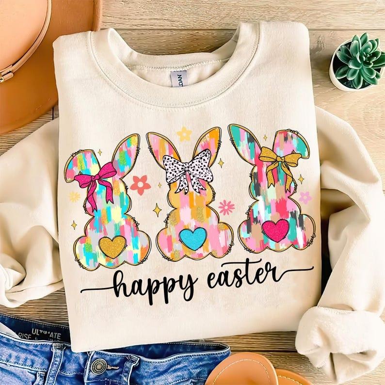 Happy Easter Sweatshirt Coquette Easter Bunny Retro Easter Brushstroke Easter Glitter Easter T-Shirts, Hoodie
