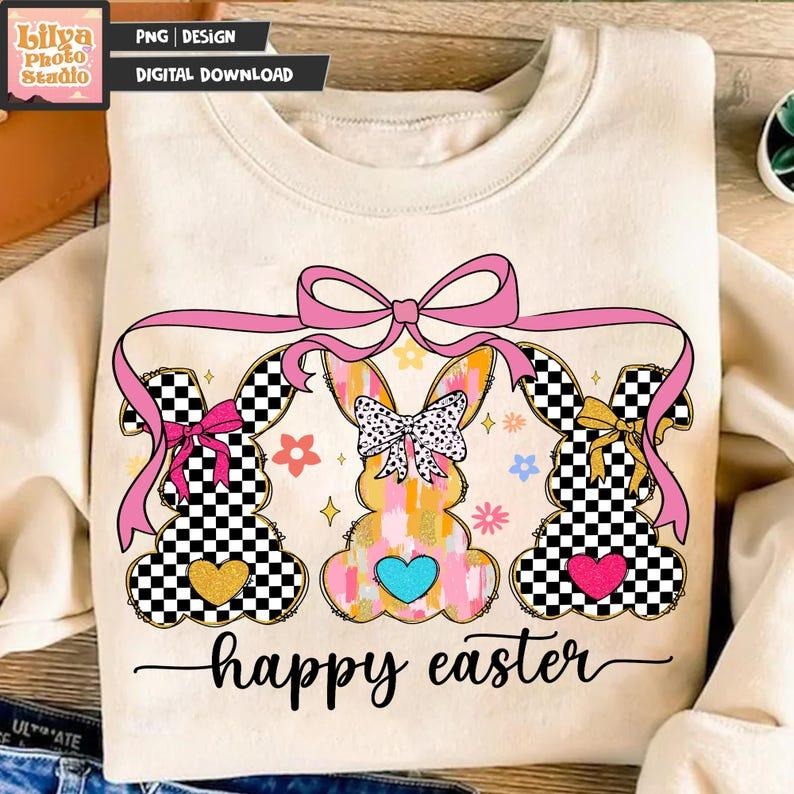 Happy Easter Sweatshirt Coquette Easter Bunny Retro Easter Easter Coquette Glitter Easter T-Shirts, Hoodie | WearSparks.com