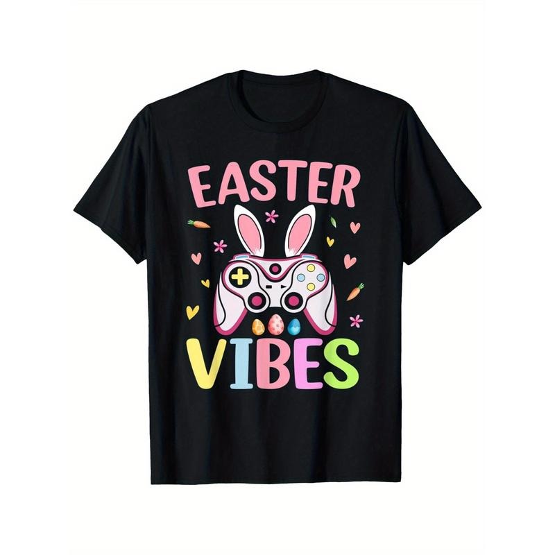 Happy Easter Vibes Video Game Bunny Gamer Mens Easter T-Shirt - Casual Crew Neck Cotton, Super Soft, Summer Breathable Tee