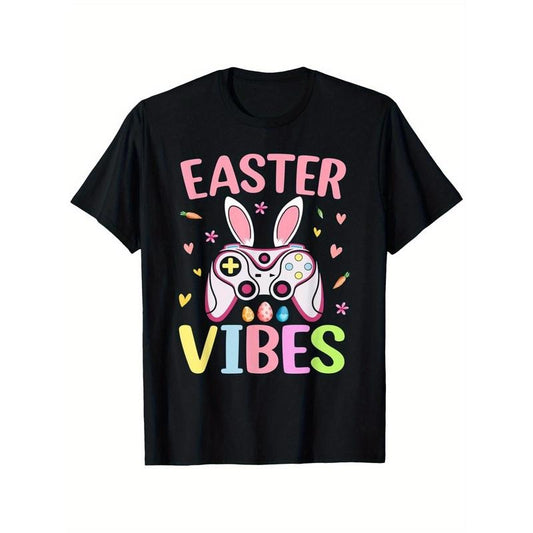 Happy Easter Vibes Video Game Bunny Gamer Mens Easter T-Shirt - Casual Crew Neck Cotton, Super Soft, Summer Breathable Tee