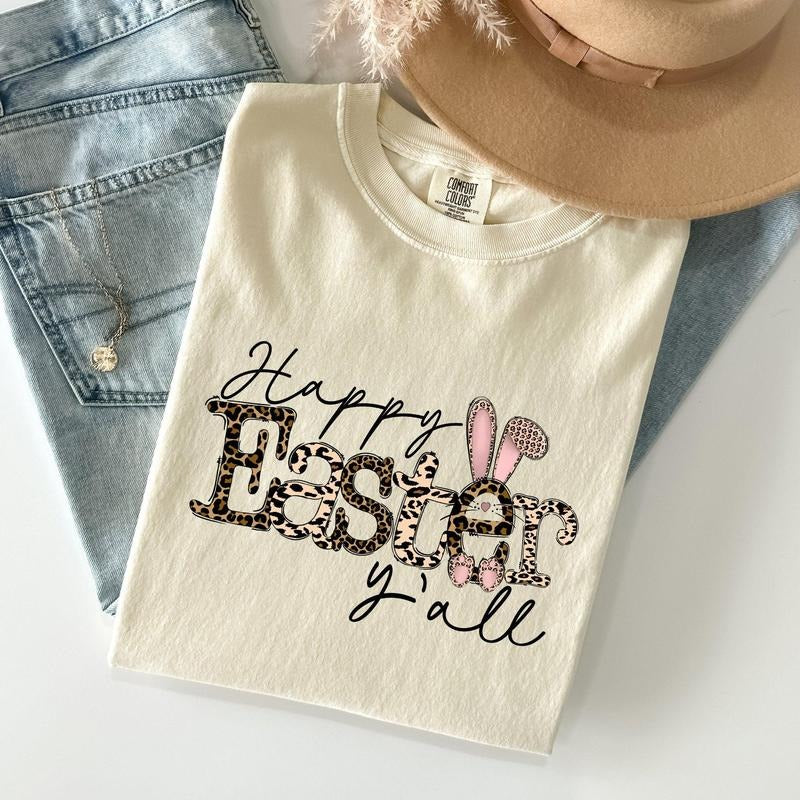 Happy Easter Y'all, Leopard Print, Rabbit Comfort Colors Tshirt, Women's Crew Neck, Crewneck Hoodie, Sweatshirt
