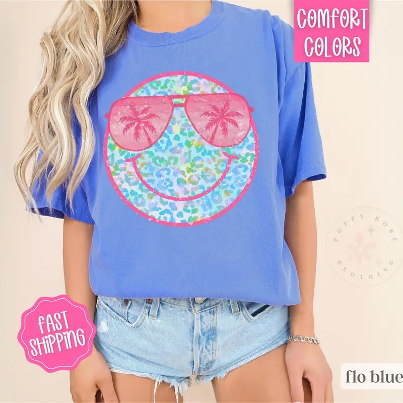 Happy Face Beach Shirt Comfort Colors, Cute Summer Shirt, Oversized Beach Tee Hoodie, Sweatshirt | WearSparks.com