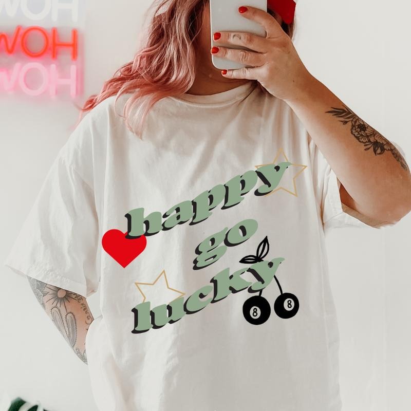 Happy Go Lucky Retro Doodle Shirt ~ Unisex Apparel Relaxed Fit Printed In The USA Clothing Womenswear Casual Comfort...