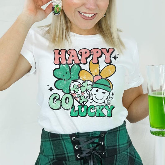 Happy Go Lucky T_Shirts St. Patricks Day Lucky Tees Happy Go Luckey Smiley Tshirt Retro St. Pattys T-Shirt Smiley Clover...