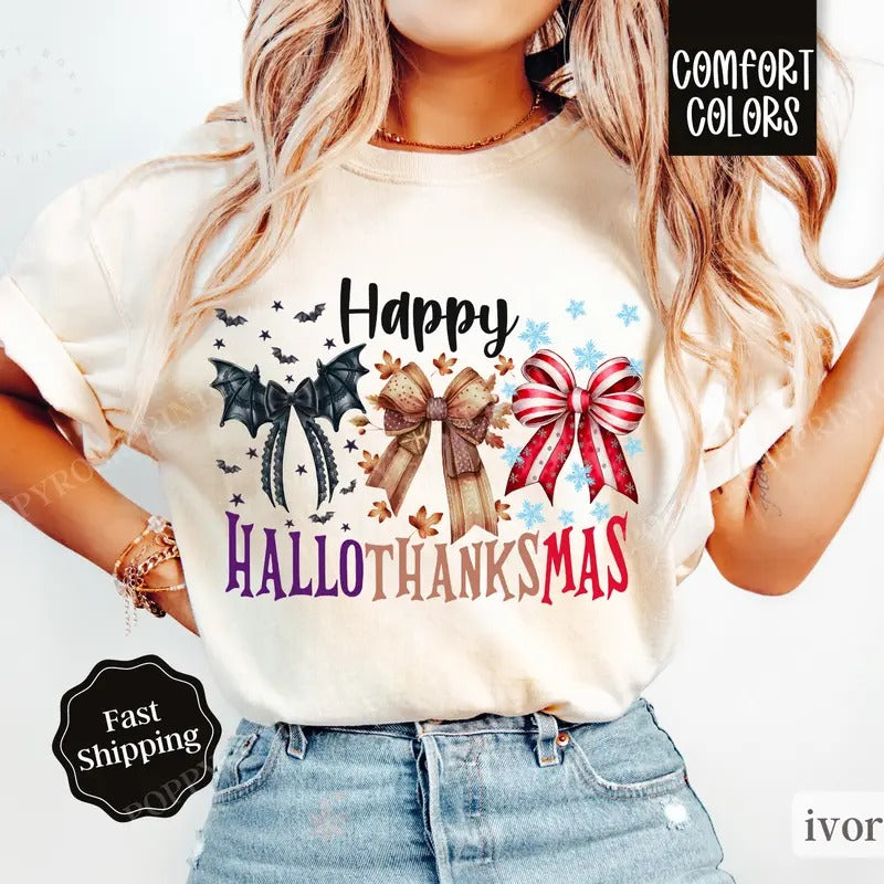 Happy Hallothankmas Shirt Comfort Colors , Halloween Thanksgiving Christmas Shirt,  Women's Holiday Tee Hoodie, Sweatshirt