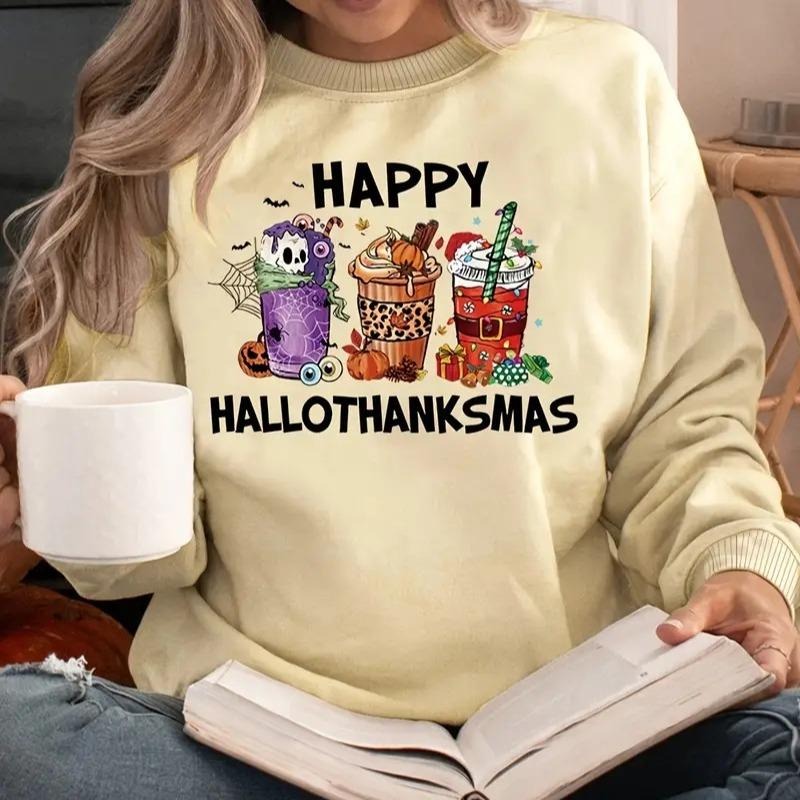 Happy Hallothanksmas Print Sweatshirt, Casual Long Sleeve Crew Neck Sweatshirt, Women's Clothing T-Shirts, Hoodie