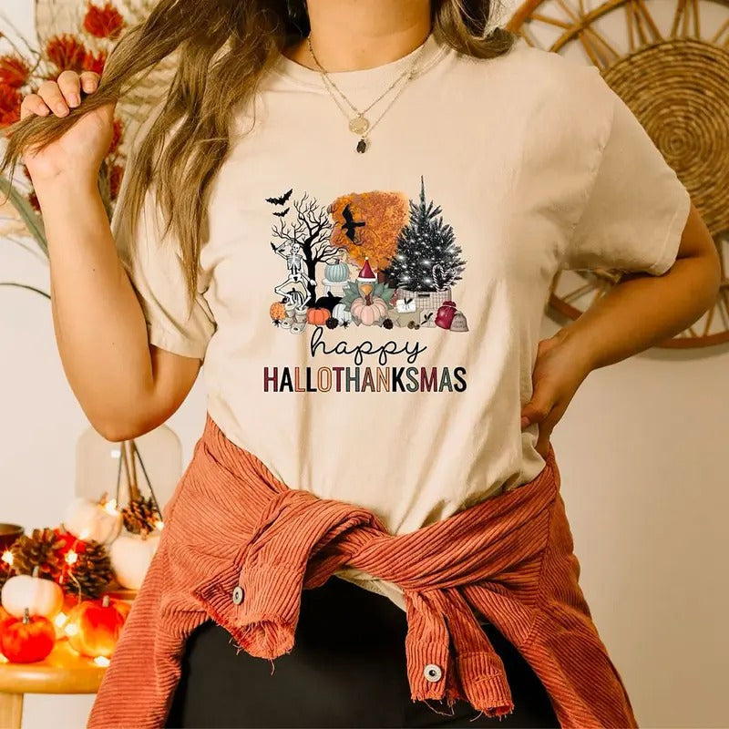 Happy Hallothanksmas Shirt, Halloween Thanksgiving Christmas Sweatshirt, Fall Vibes Shirt, Holiday Season Shirt, Autumn...