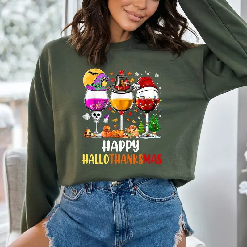 Happy Hallothanksmas Wine Shirt Sweatshirt Hoodie Funny Shirt Cute Drinking Tee Women Xmas Shirt Thanksgiving Tee...