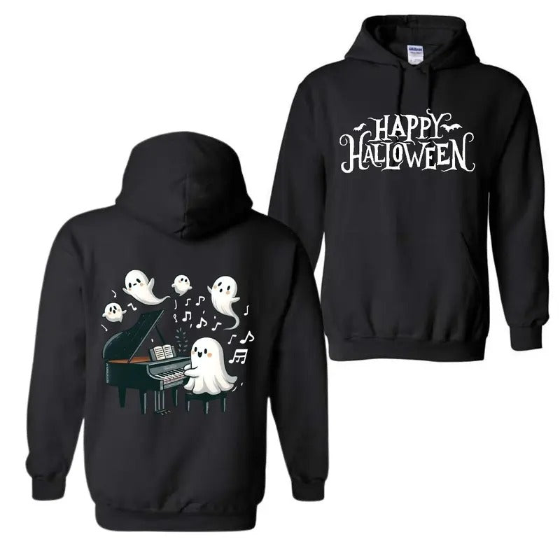 Happy Halloween Hoodie, Funny Ghost Playin Piano Hoodie, Spooky Season Ghost Hoodie T-Shirts, Sweatshirt | WearSparks.com