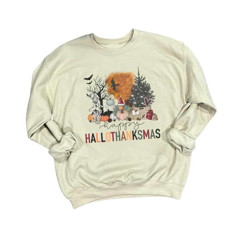Happy Hallowthanksmas Crewneck T-shirt Long sleeve Hoodie, Sweatshirt | WearSparks.com