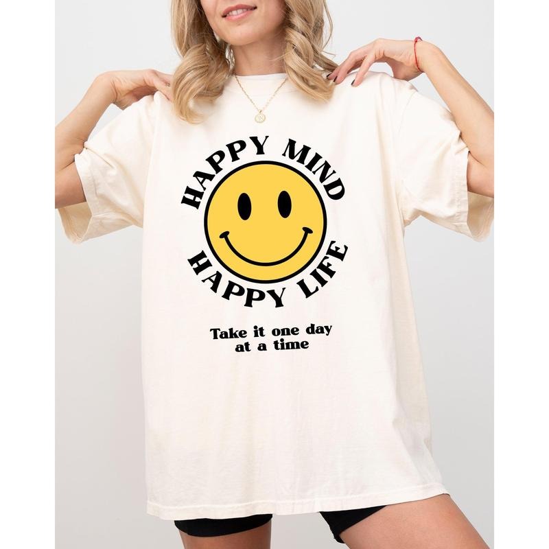 Happy Mind, Happy Life, One Day At A Time, Aesthetic, Positivity, Meme, Mental Health Shirt, Women's Comfort Color Tee,...