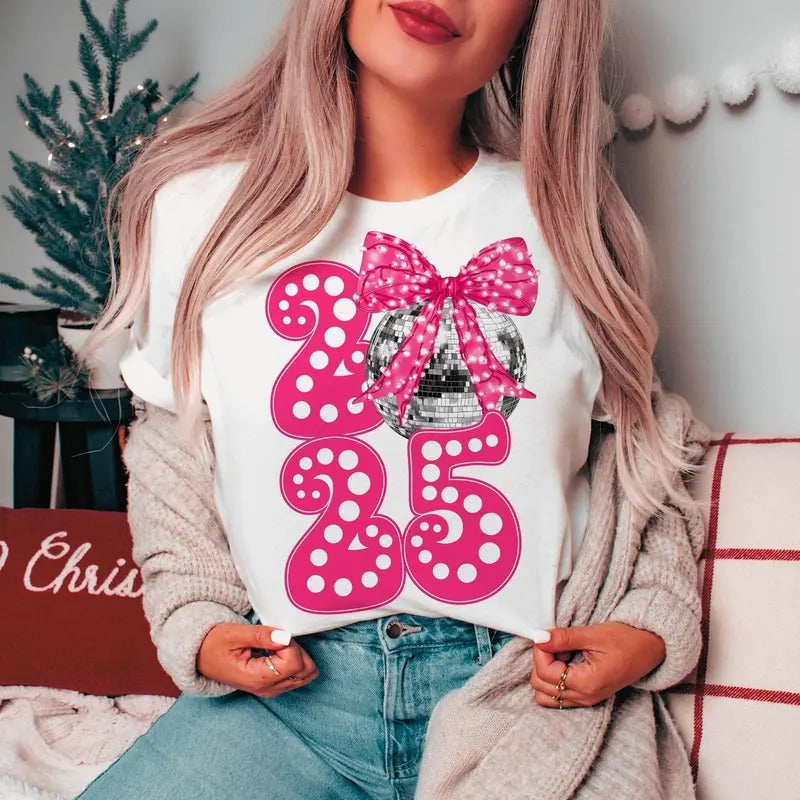 Happy New Year 2025 Shirt, Disco Ball New Year's Sweatshirt, Trending Pink Bow Social Club T-Shirt, Coquette New Year...