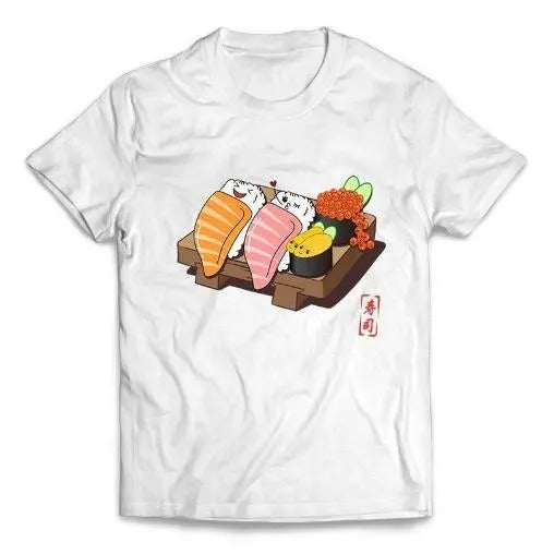 Happy Nigiri Sushi, Ikura and Uni on Wooden Plate - Short Sleeve Unisex, Men, Women, Youth T-Shirt Made in USA Hoodie,...