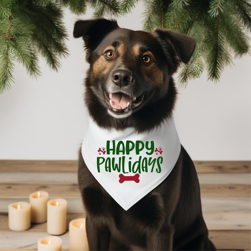 Happy Pawlidays Bandana, Dog Christmas Neck Scarf, Perfect Gift For Furry Pet, Xmas Party Puppy Bandana, Paw Pet Holiday...