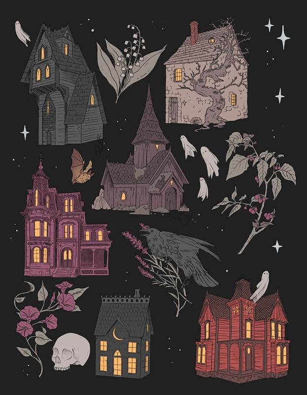 Haunted Houses Art Print - Dark Romantic Decor with Ghosts Botanicals for Halloween Night Scene T-Shirts, Hoodie, Sweatshirt