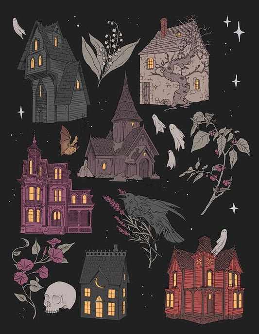 Haunted Houses Art Print - Dark Romantic Decor with Ghosts Botanicals for Halloween Night Scene T-Shirts, Hoodie, Sweatshirt