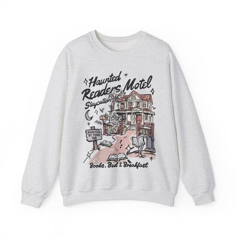 Haunted Readers Motel Sweatshirt, Haunted Library Hoodie, Reading Crewneck Sweater, Bookish Halloween Gift Teen Preppy...