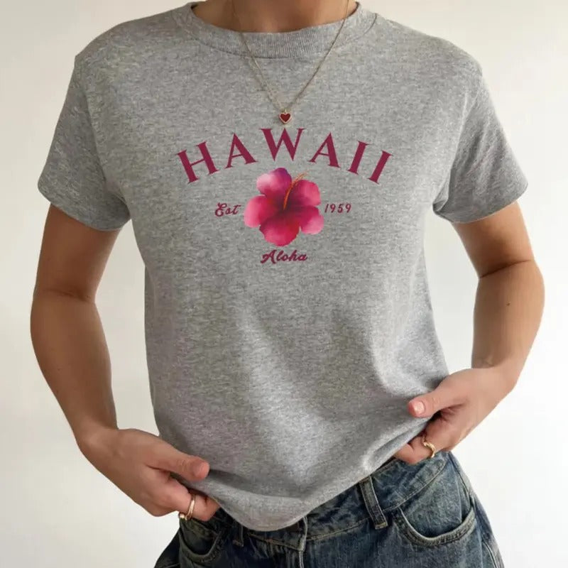 Hawaii Hibiscus Baby Tee, Hawaii Aloha Graphic Baby Tee, Hibiscus Graphic Baby Tee, Y2K Aesthetic Baby Tee, Summer...