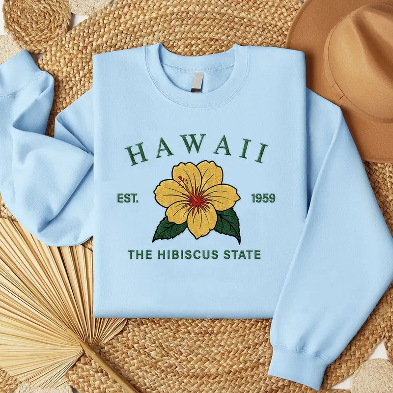 Hawaii Hibiscus Embroidered State Flower Sweatshirt, Hometown Embroidered Shirt, Favorite Flower Embroidered Shirt Hoodie