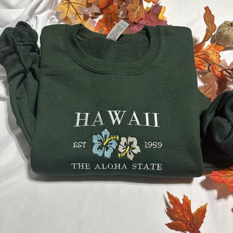 Hawaii the Aloha State Embroidered Sweatshirt - Women's Lightweight Basics T-Shirts, Hoodie | WearSparks.com