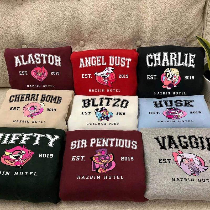 Hazbin Hotel Characters Shirt Alastor Charlie Angel Dust 100% US Cotton Relaxed Fit Crew Neckline Casual Top Hoodie,...