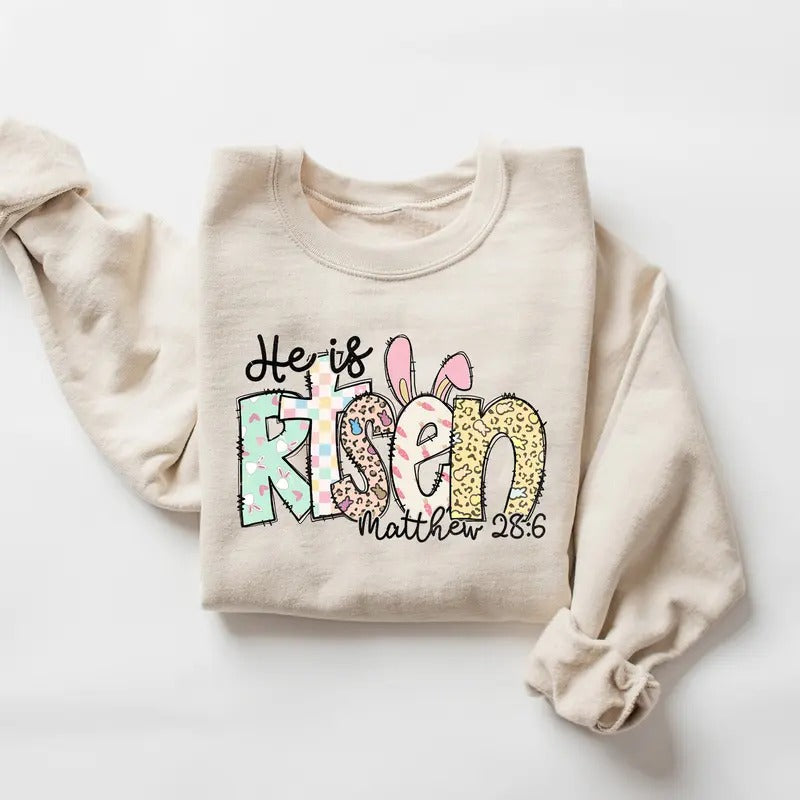 He Is Risen Matthew 28:6 Sweatshirt, 2025 Easter Sweatshirt, Retro Easter Sweater,Easter Christian Shirt, Easter Bible...