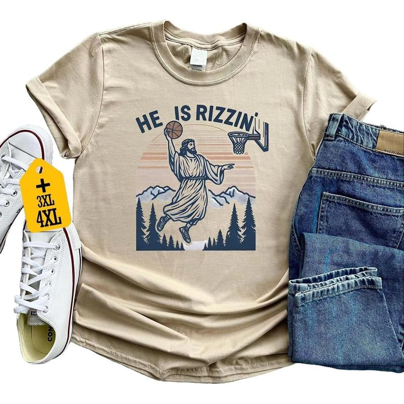He Is Rizzin' Funny Jesus Playing Basketball Shirt, Retro Y2K Christian Faith Tee, Humor Easter Shirt, Easter Gift,...