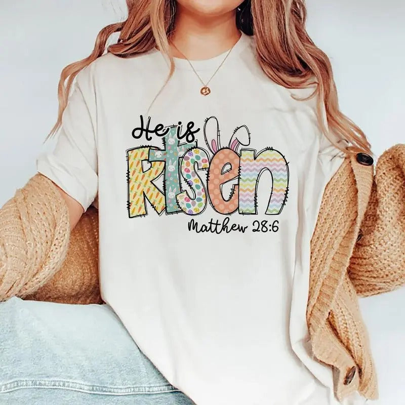 He is Risen Shirt, Matthew 28:6 T-shirt, Retro Easter Shirts For Women, Easter Christian Tee, Easter Bible Verse Graphic...
