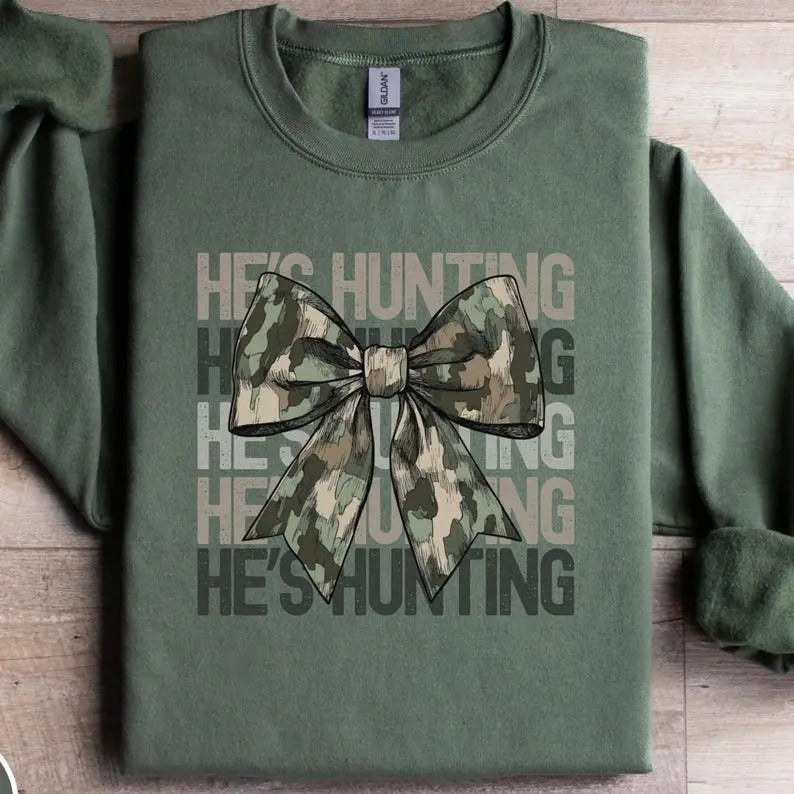 He's Hunting Coquette Bow Sweatshirt, Hunting Season Widow, Deer Hunter Gift, Hunter Sweater, Hunters Wife Shirt, Gift...