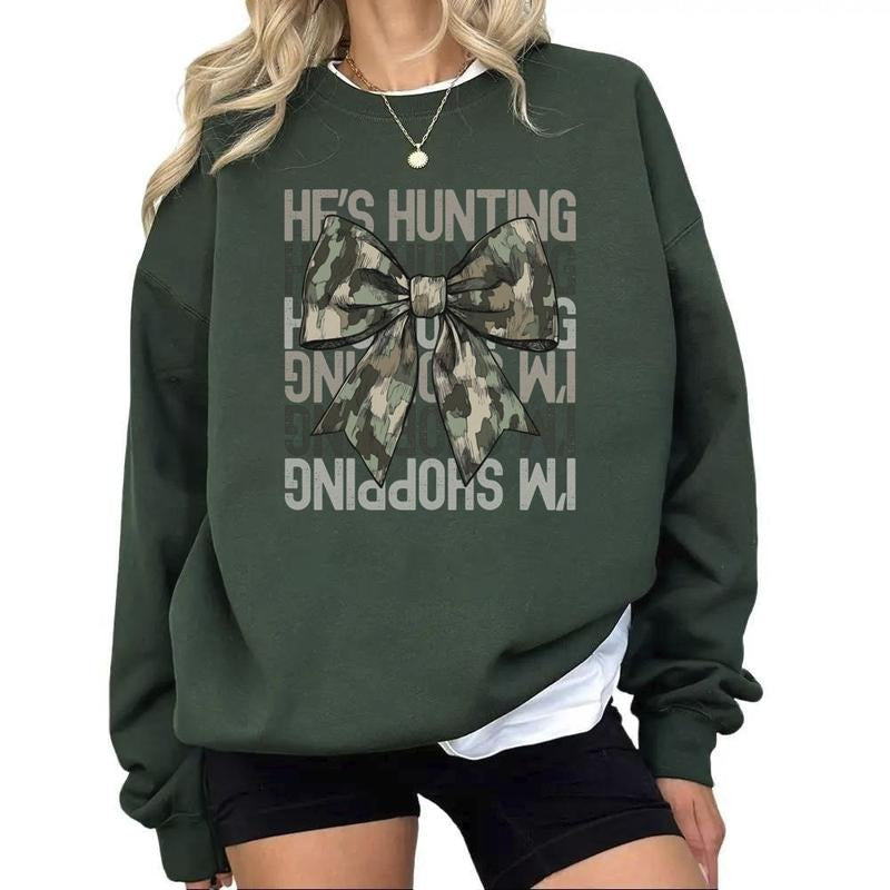 He's Hunting I'm Shopping Coquette Sweatshirt, Unisex Hunting Season Widow, Deer Hunter Gift, Hunter T-shirt, Gift for...