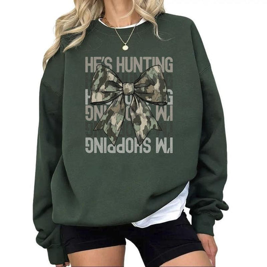 He's Hunting I'm Shopping Coquette Sweatshirt, Unisex Hunting Season Widow, Deer Hunter Gift, Hunter T-shirt, Gift for...