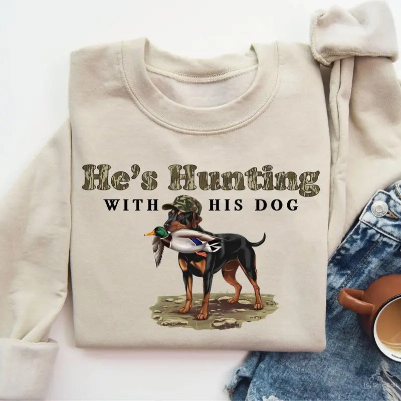 He's Hunting with His German Shorthair Dog Unisex Crewneck Sweater, Hunting Camo Bottomland Duck Hunt Shirt Hoodie,...